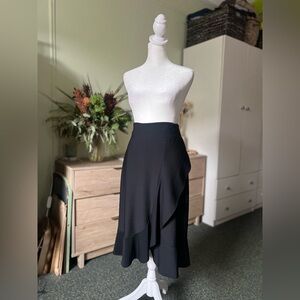 LYSSE Black Ruffle Asymmetrical Hem Wrap Midi Knee-Length High-Waist Modest Skir